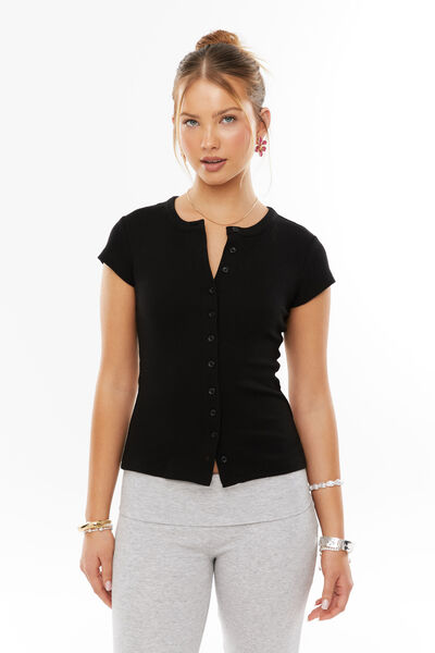 Lexy Rib Button Through Tee, BLACK