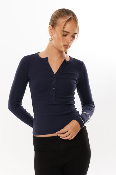 Harriet Henley Long Sleeve Top, NAVY LEAGUE