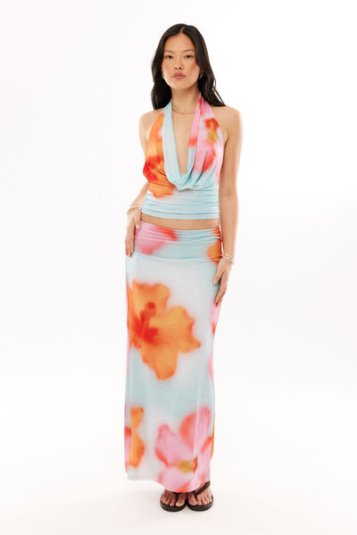 Sherri Ruched Maxi Skirt, BLUR HIBISCUS GREEN