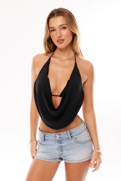 Luxe Cleo Cowl Top, BLACK