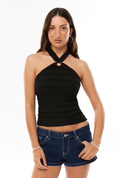 Xena Textured Halter Top, BLACK