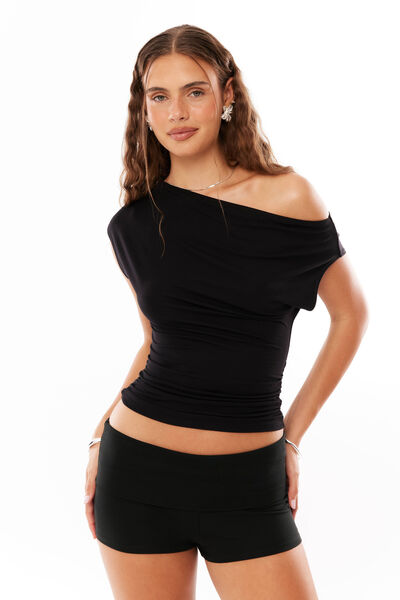 Soft Piper Off Shoulder Top, BLACK